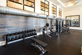 A gym with a bench, weights, and mirrors.